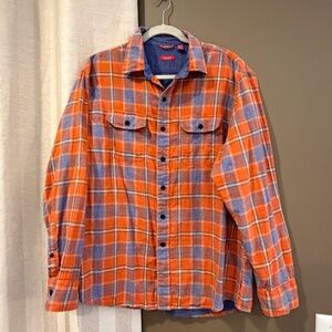 Izod Men's Orange & Blue Plaid Check Long Sleeve Button Down, Size Large